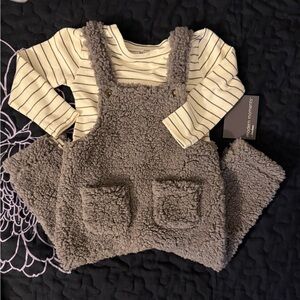 Cozy Sherpa Overall Set with Striped Long Sleeve Bodysuit